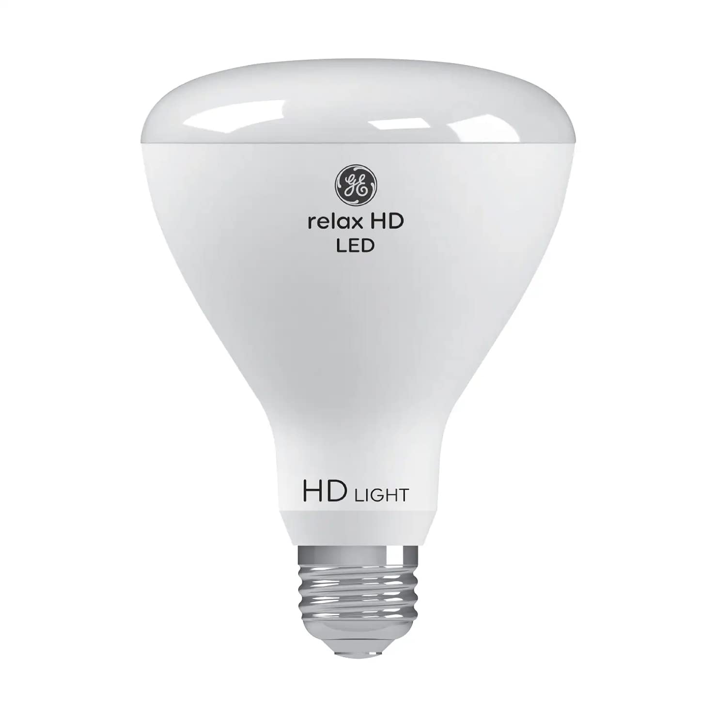 GE Relax BR30 LED bulb lit with wide flood beam for living areas