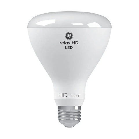 GE Relax BR30 LED bulb lit with wide flood beam for living areas