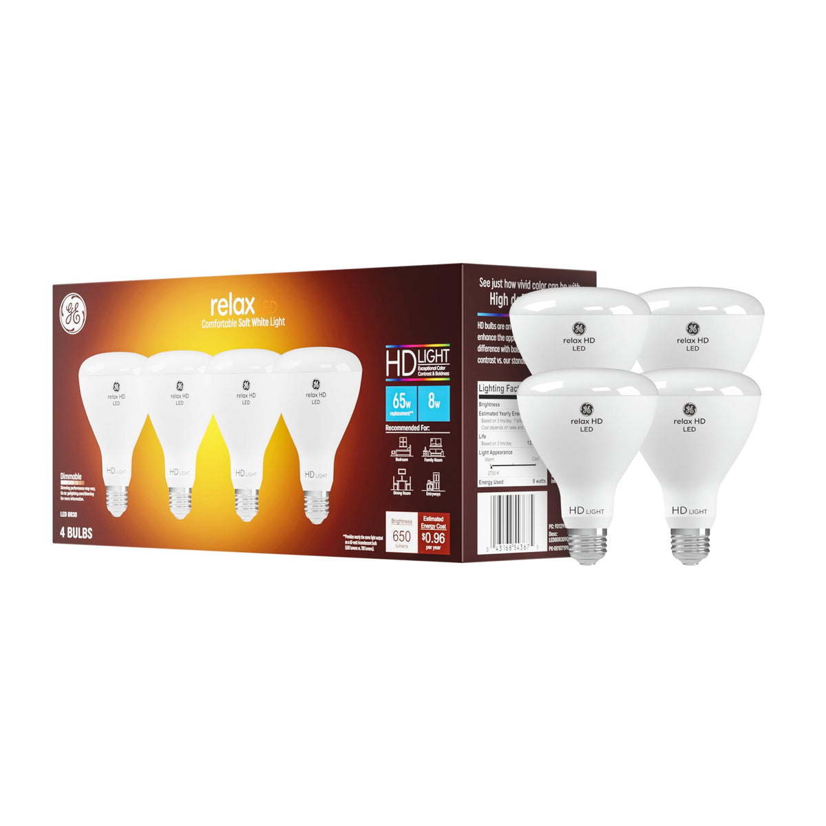 GE Relax BR30 soft white bulb pack providing warm ambience for cozy spaces.