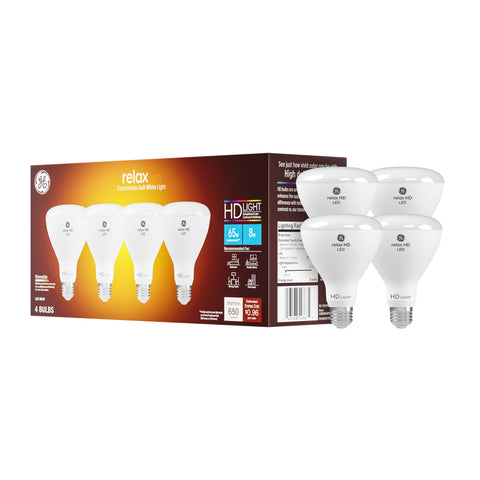 GE Relax BR30 soft white bulb pack providing warm ambience for cozy spaces.