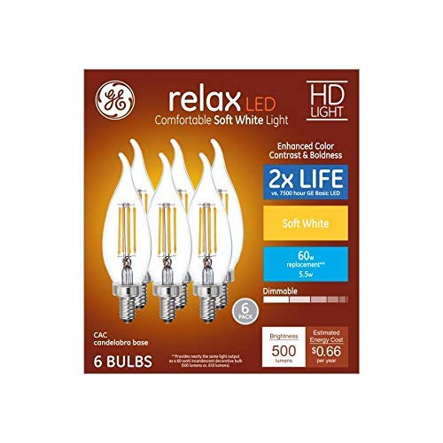 GE Relax bent-tip CA12 LED bulb for dimmable warm ambience in chandeliers and sconces.
