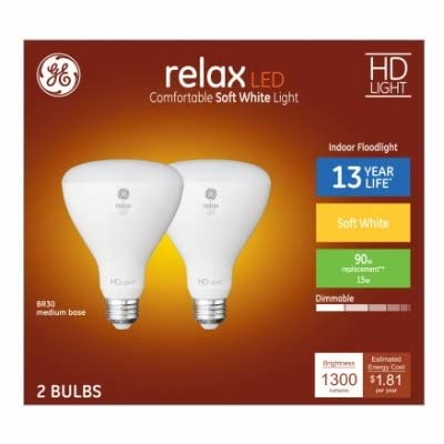 GE Relax HD BR30 LED bulb with soft white glow for cozy living spaces and energy savings