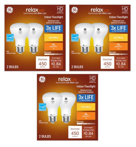 GE Relax R20 6-pack LED bulbs deliver soft white illumination for cozy spaces.