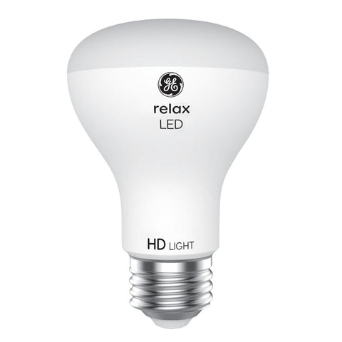 GE Relax soft white 2700K LED bulb provides warm ambience with dimming.