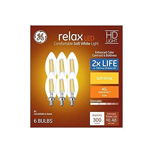 GE Relax soft white B11 BC LED bulb for chandeliers with dimmable warm glow