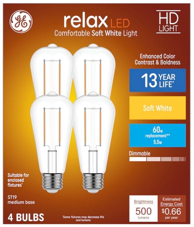GE Relax ST19 soft white LED bulbs illuminate chandeliers with cozy ambiance