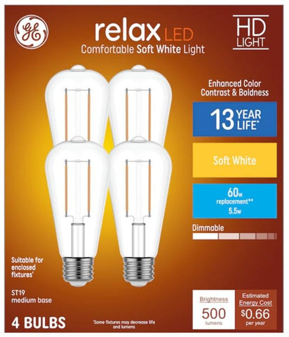 GE Relax ST19 soft white LED bulbs illuminate chandeliers with cozy ambiance