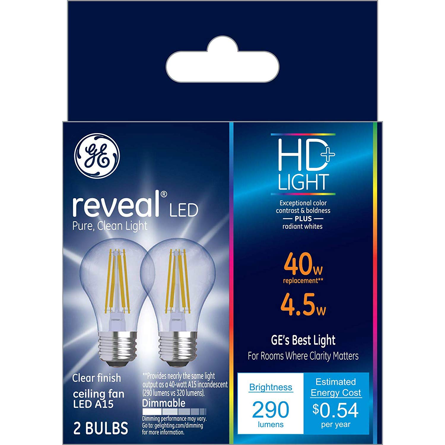 GE Reveal 40W equivalent A15 LED bulb delivers crisp, vibrant color for living spaces.