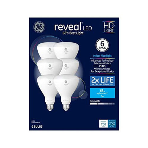 GE Reveal R30 LED bulb close-up highlighting dimmable control on a lamp