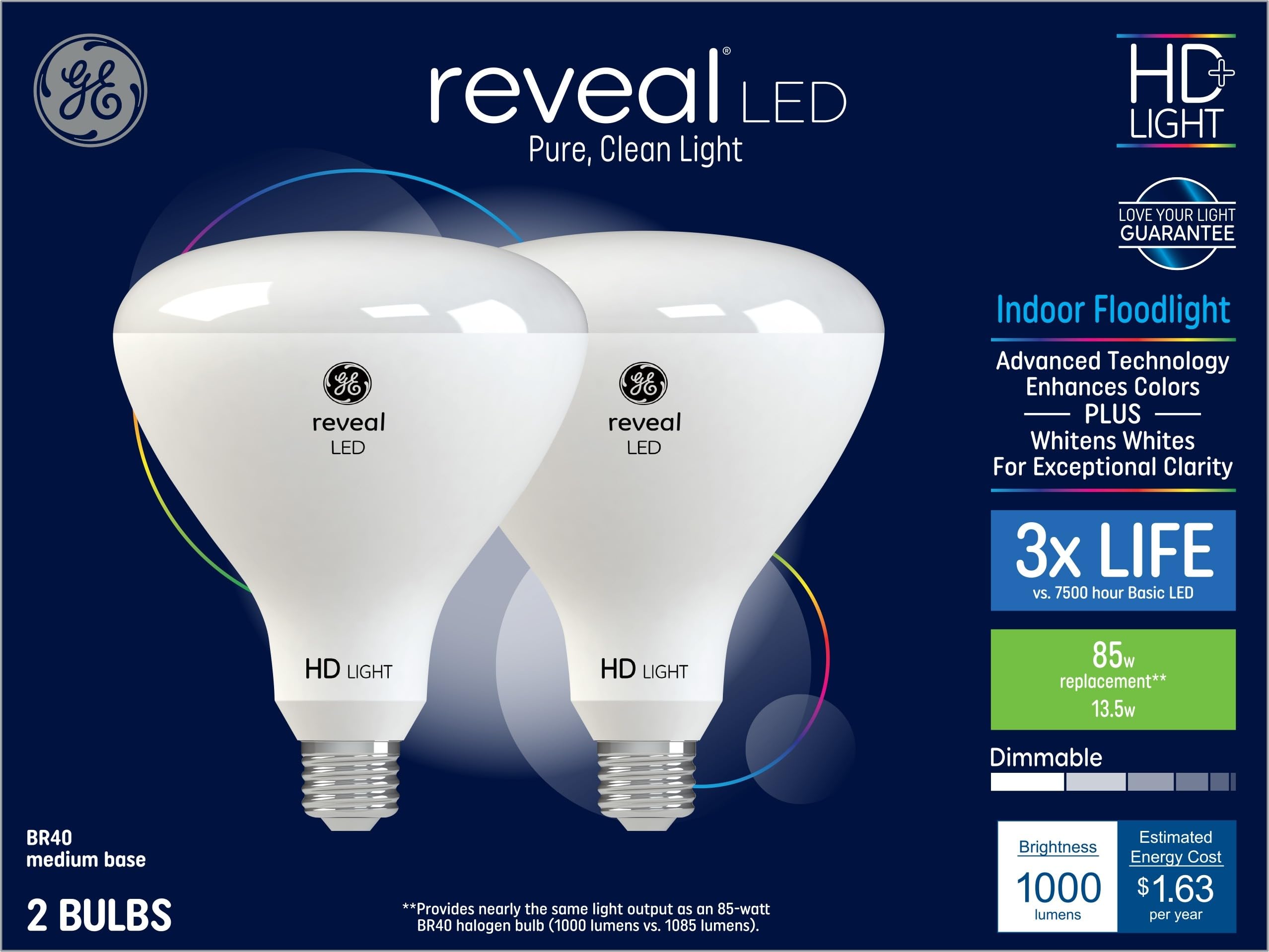 GE Reveal BR40 2-pack bulbs deliver color-enhanced light for indoors.