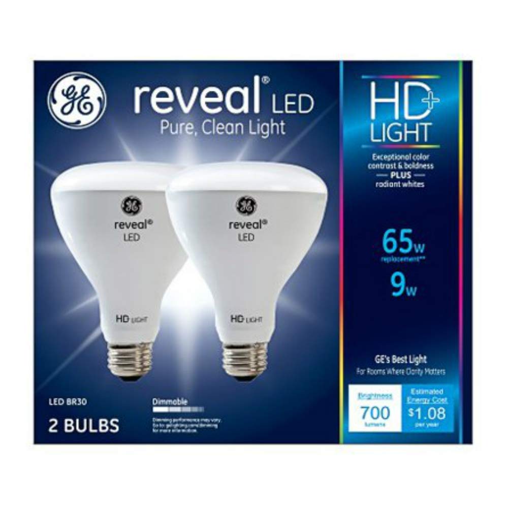 GE Reveal HD+ LED bulb 700 lumens with crisp whites and vibrant color for bright rooms.