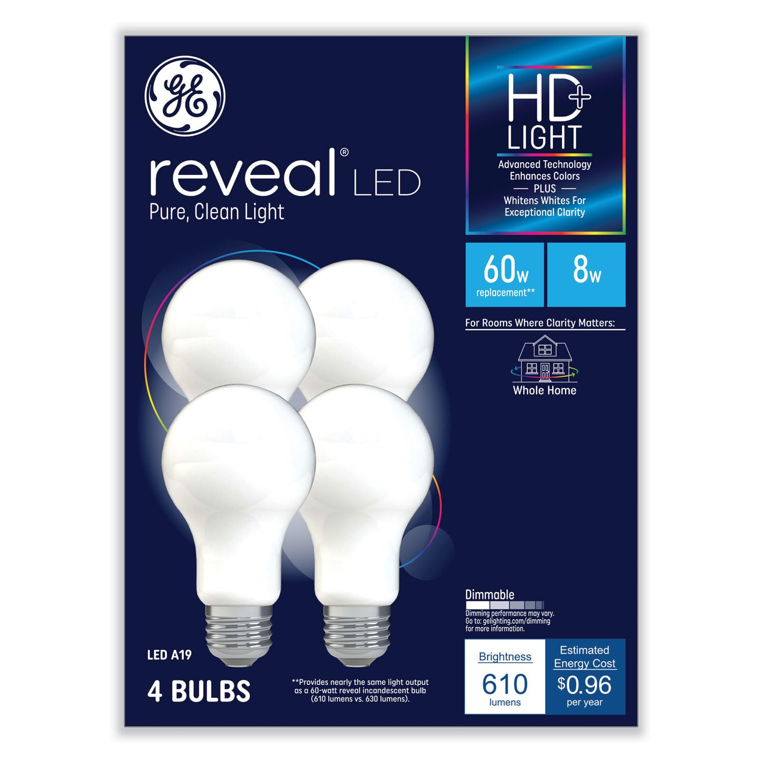 GE Reveal HD+ LED A19 bulb 4-pack delivering vivid colors and crisp whites for task lighting in kitchens