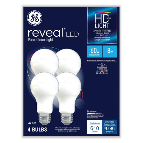 GE Reveal HD+ LED A19 bulb 4-pack delivering vivid colors and crisp whites for task lighting in kitchens