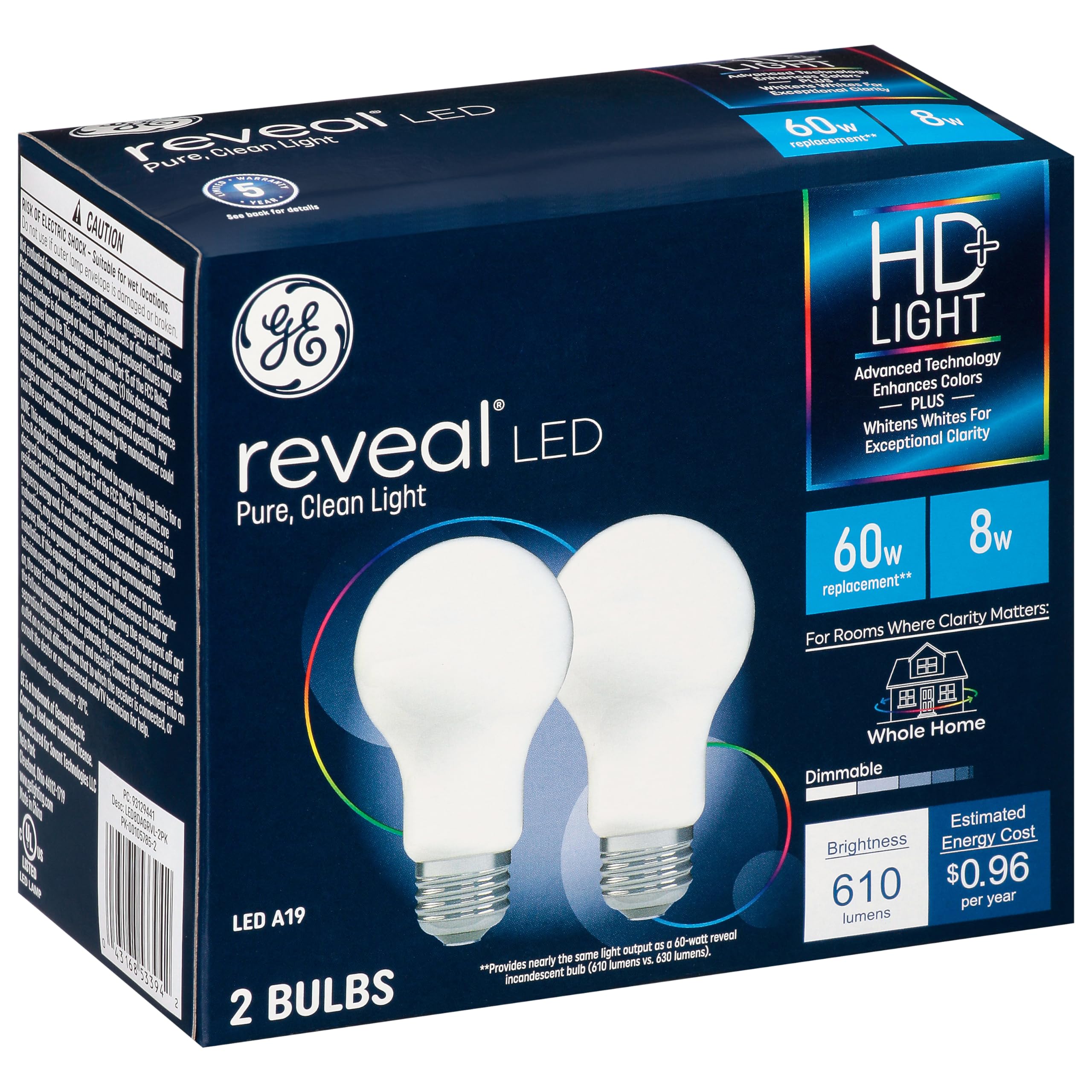 GE Reveal LED bulb 9W color-contrast boost for living spaces.