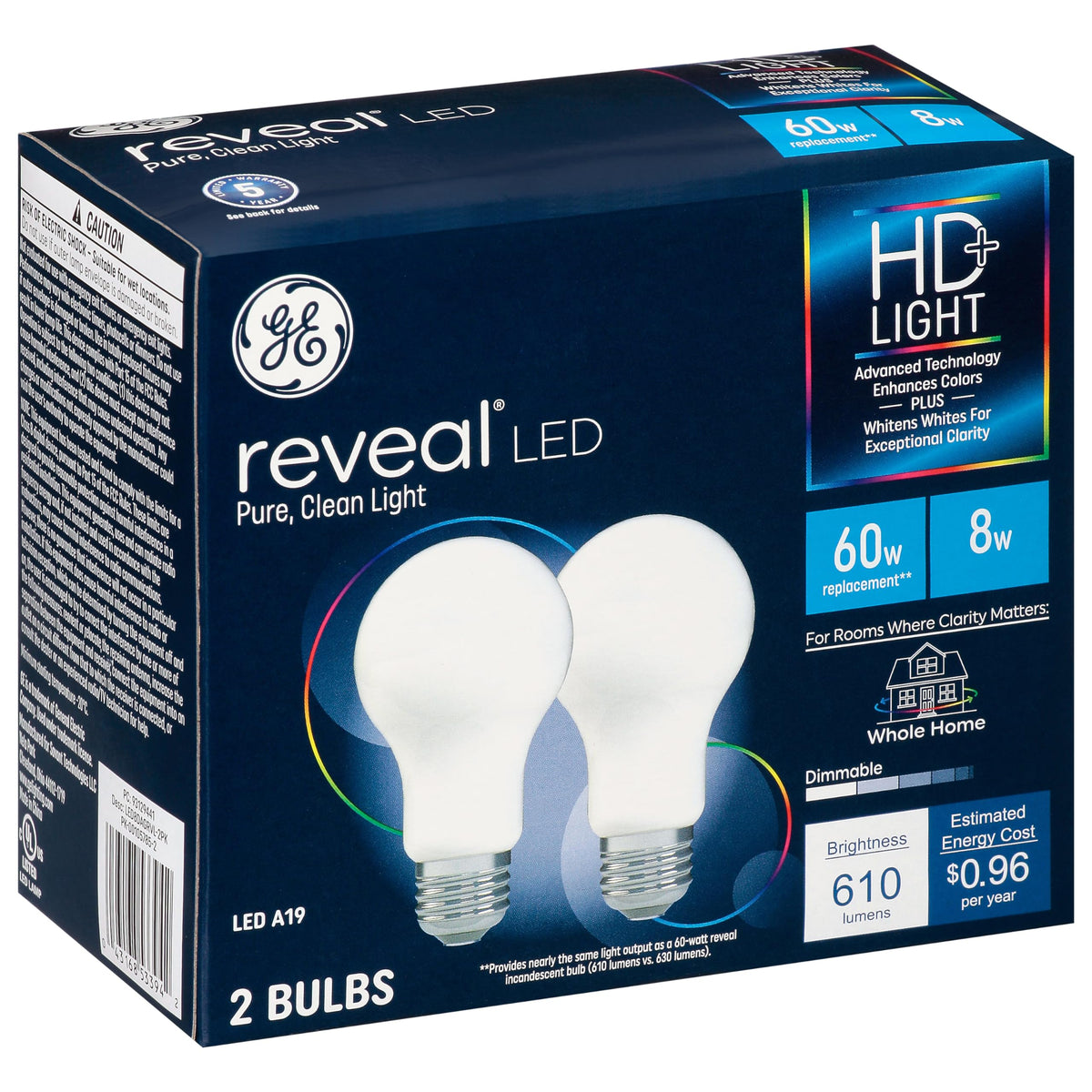 GE Reveal LED bulb 9W color-contrast boost for living spaces.