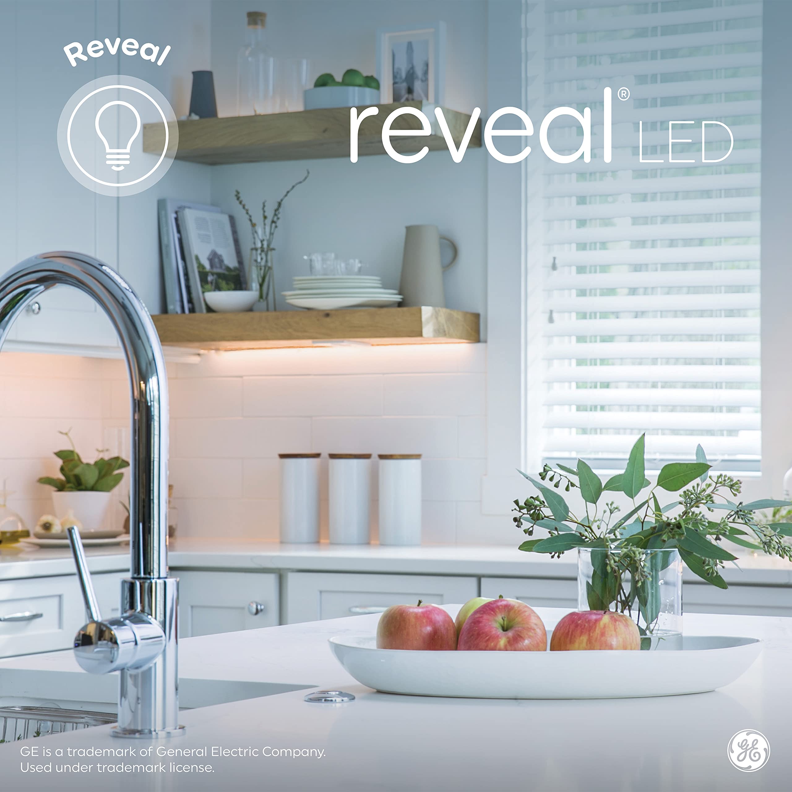 GE Reveal A19 dimmable bulb enhances clarity in kitchens and baths.