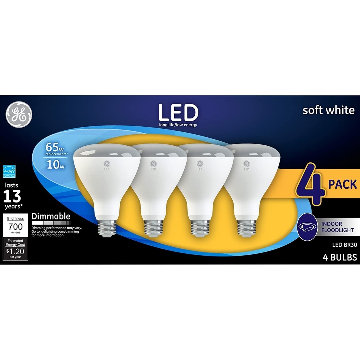 GE Soft White 65W BR30 LED bulb, front view, energy-efficient floodlight for track lighting