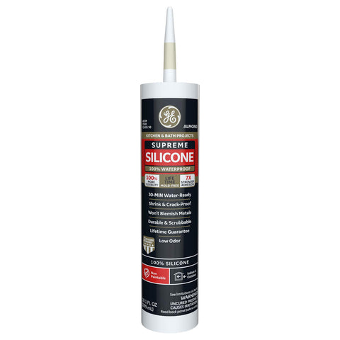 GE Supreme Silicone almond sealant tube demonstrates waterproof performance for moisture-prone areas.