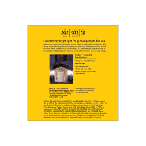 GE Ultra Bright A21 bulb with dimmable E26 base in a living room lamp