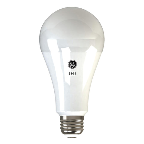 GE Ultra Bright 150W EQ A21 dimmable LED bulb, side view, versatile indoor lighting option.