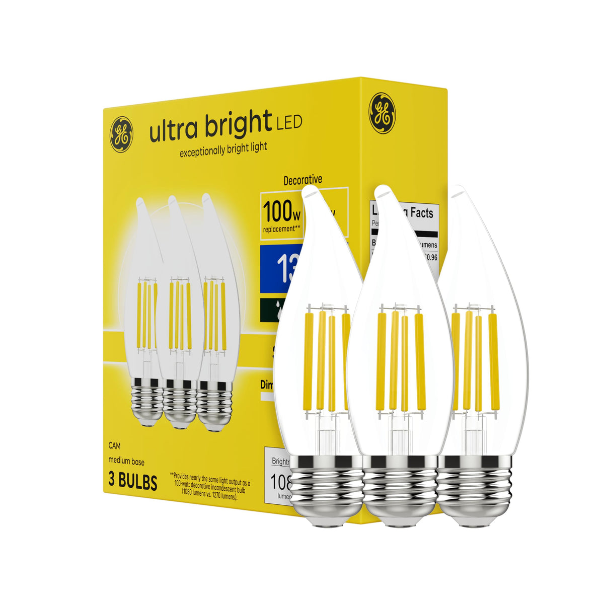 GE Ultra Bright LED bulbs deliver 1080 lumens from 8W, ideal for bright living spaces.