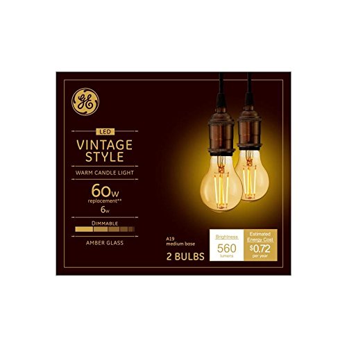 GE Vintage Style amber glass A19 LED bulb providing warm 6W replacement glow for chandeliers
