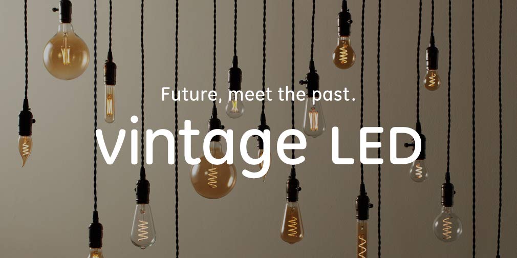 GE Vintage Style amber glass A19 LED bulb suitable for damp locations in decorative fixtures
