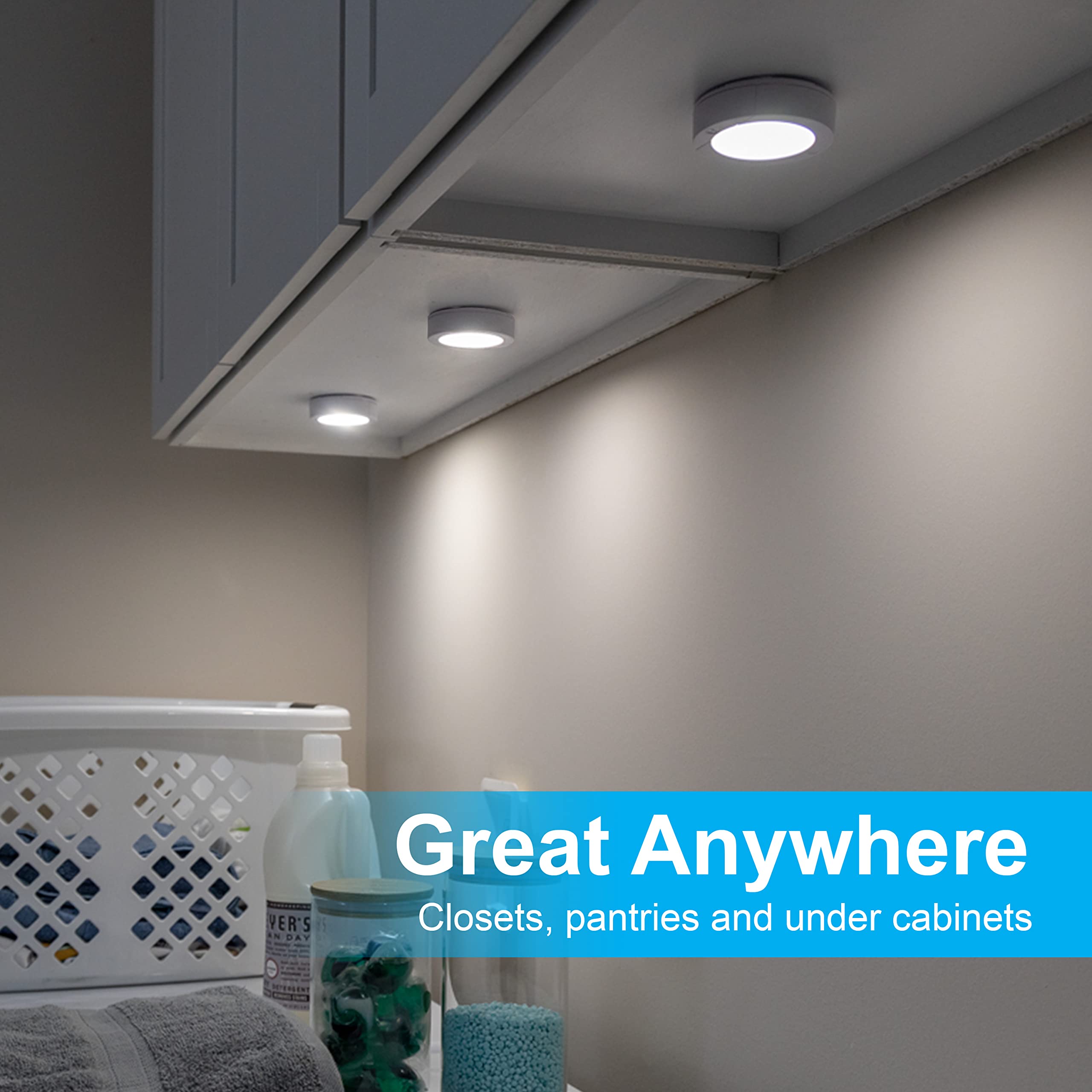 GE puck light battery-operated and cordless for flexible placement.
