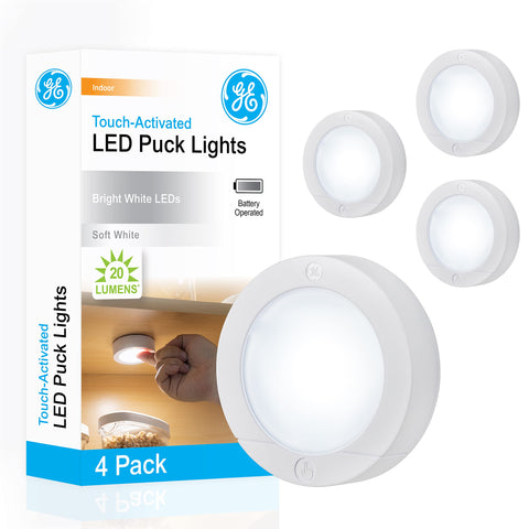 GE wireless LED puck light in a closet for quick, bright illumination.