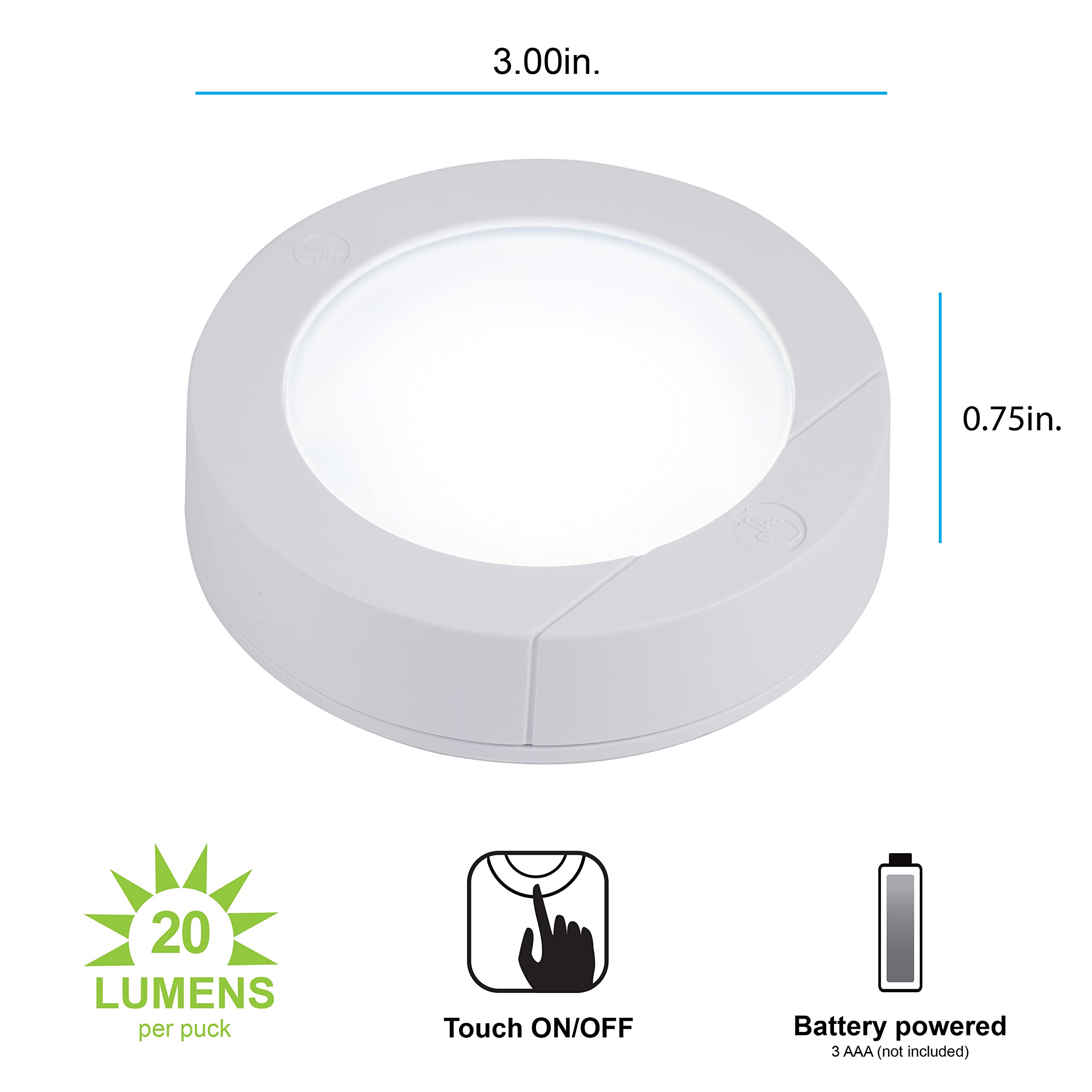 GE puck light under cabinet provides convenient, touch-activated lighting.