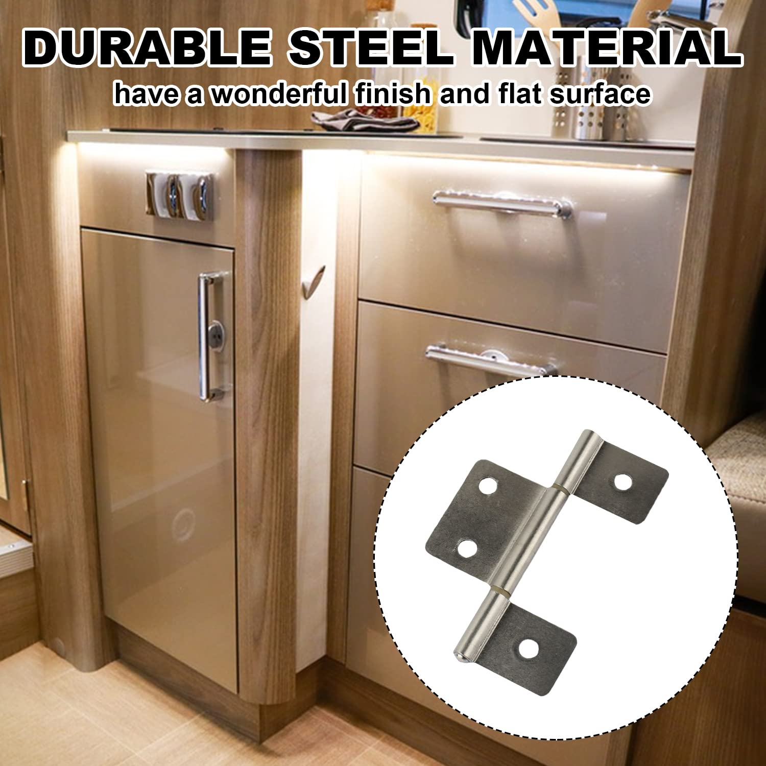 GEAIN side-view satin nickel hinge shows slim profile for tight spaces.
