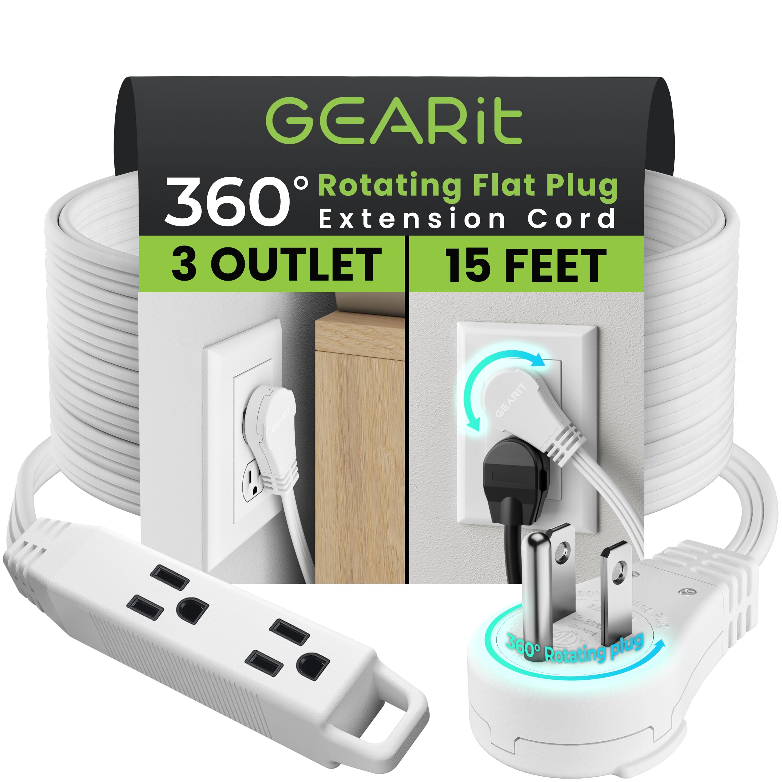 GEARit 360-degree rotating flat plug for easy reach behind furniture.