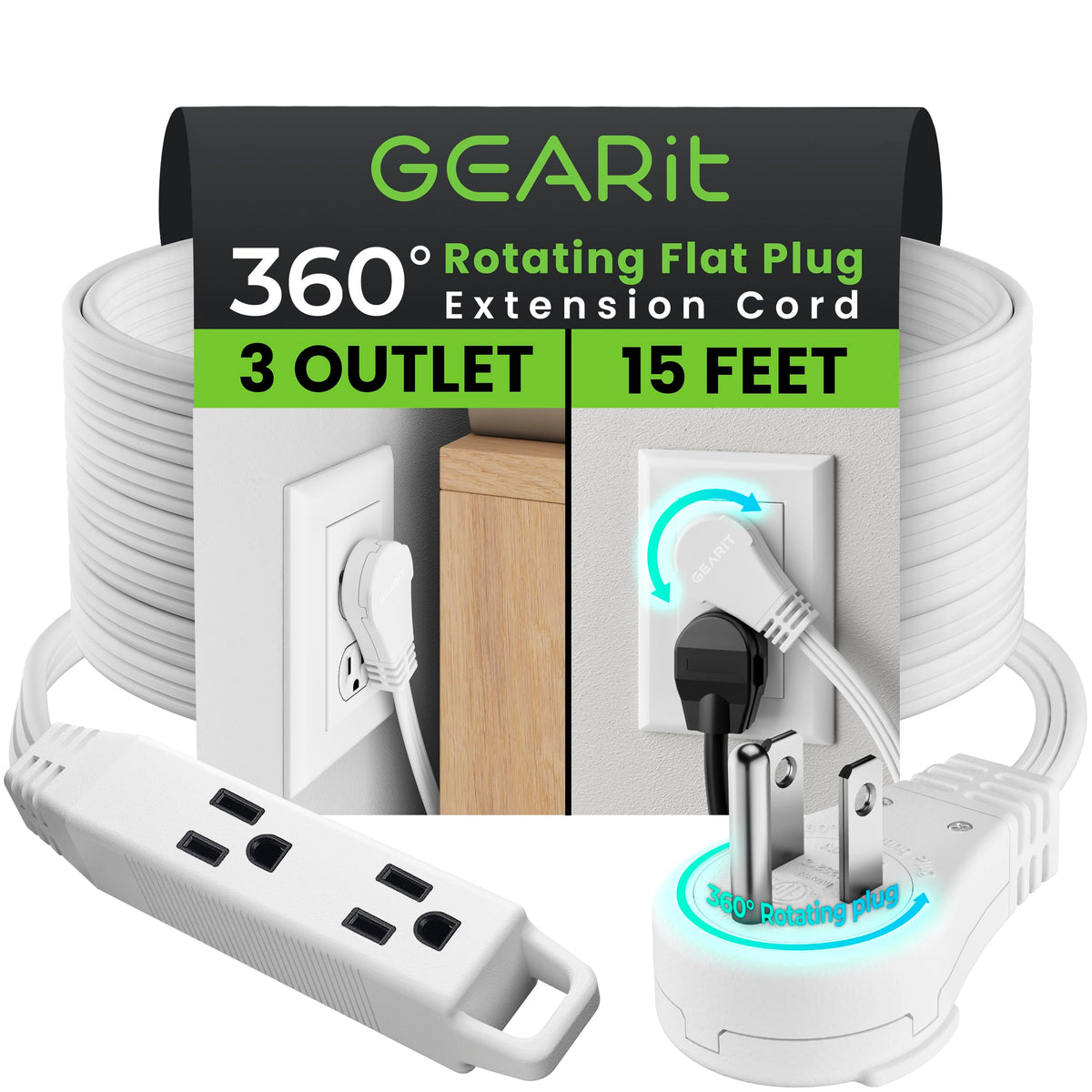 GEARit 360-degree rotating flat plug for easy reach behind furniture.