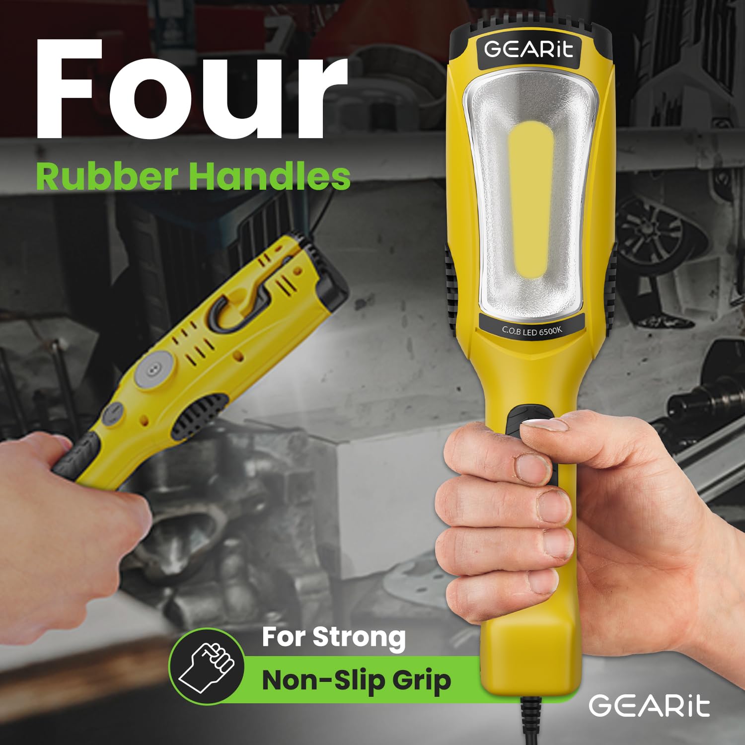 GEARit LED Work Light magnetic base attaches to metal surfaces for quick positioning.