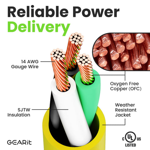 GEARit 14/3 outdoor extension cord with bright yellow jacket for visibility.