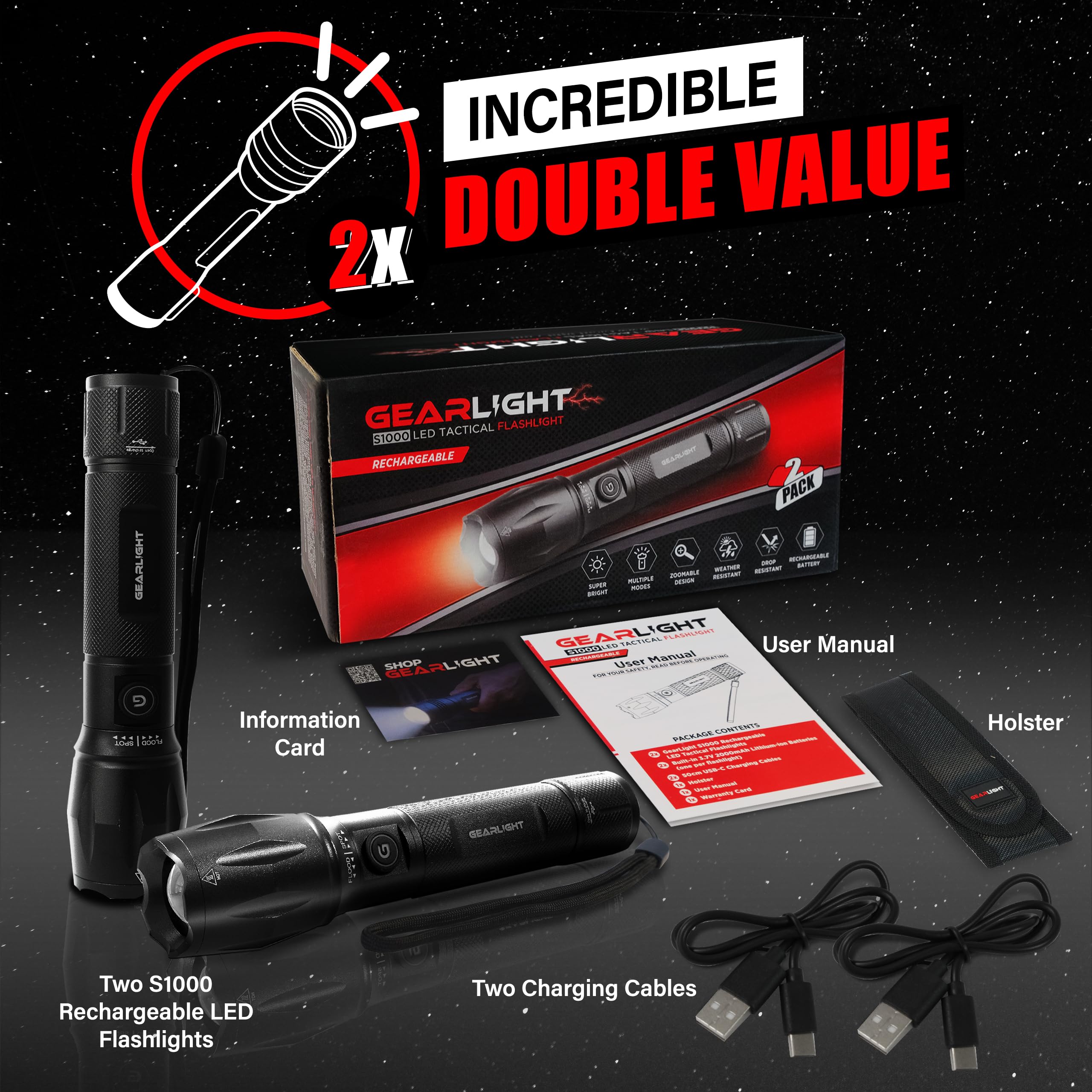 GearLight S1000 two-pack includes USB-C charging cables for convenience.