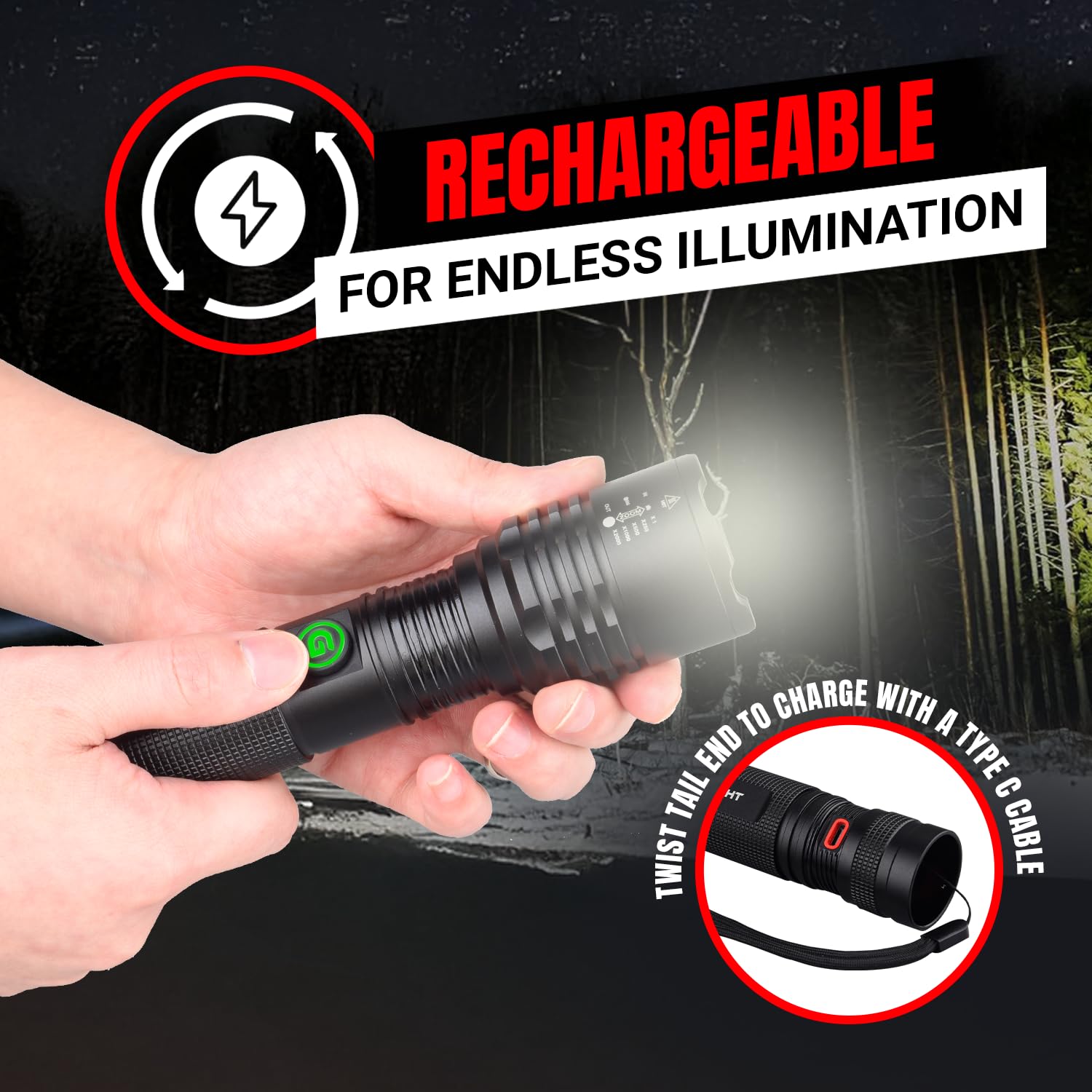 GearLight S2000 USB rechargeable design keeps you powered with the included cable.