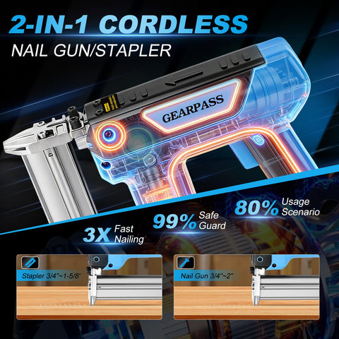 GEARPASS 2-in-1 nail gun ready for nails and staples on small projects.