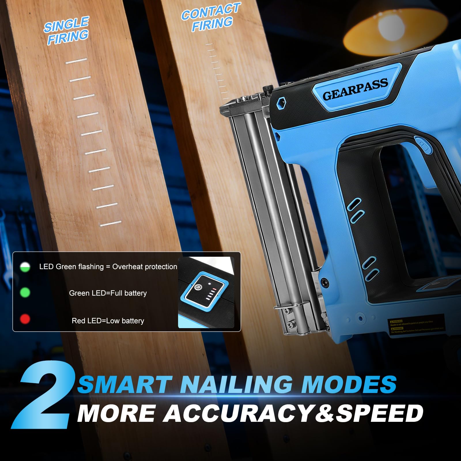 GEARPASS dual 2000mAh batteries ensure long sessions and quick recharges.