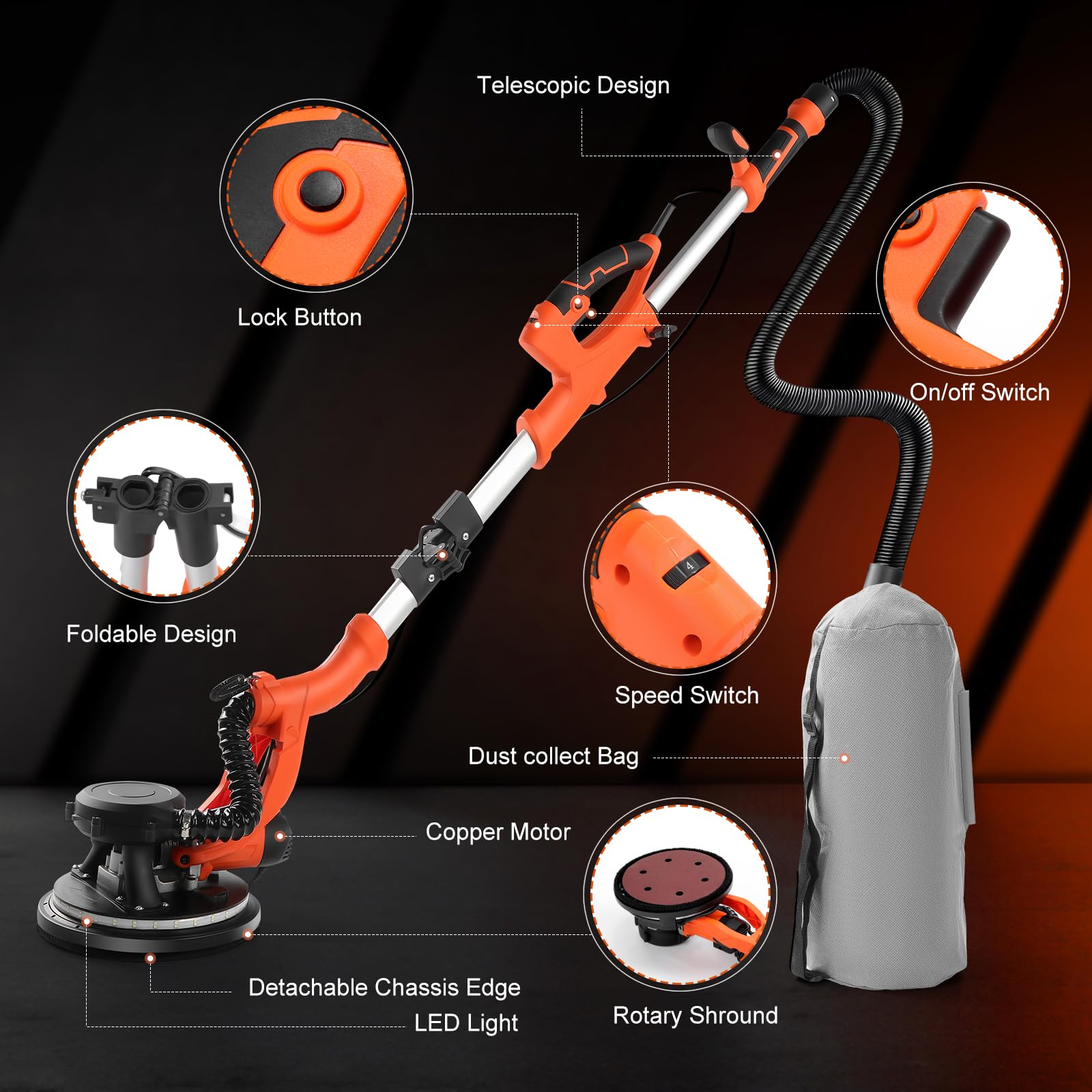 GEARPASS sander showing 360° LED light and edge access near corners.