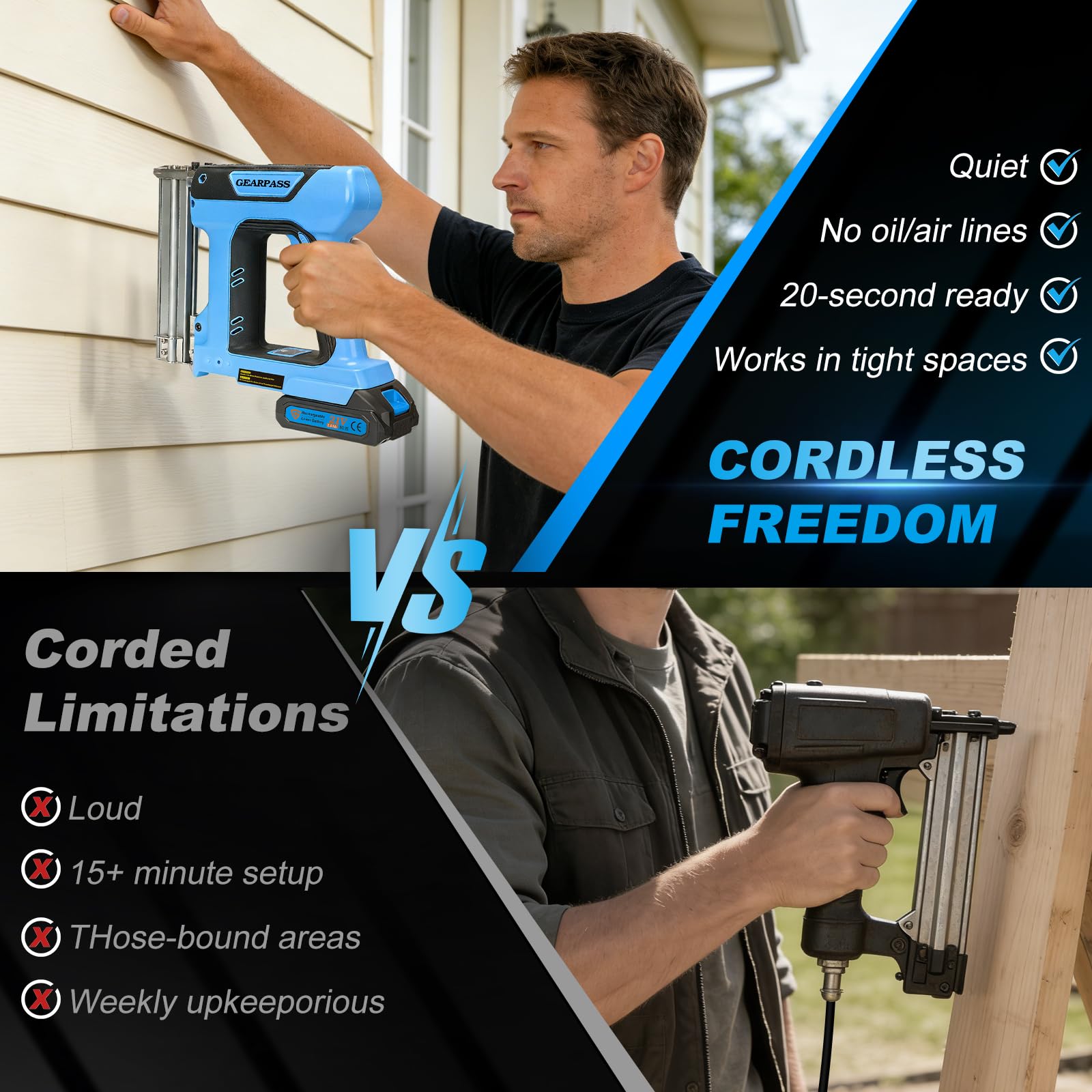 GEARPASS large nail-staple magazine supports longer runs between reloads.