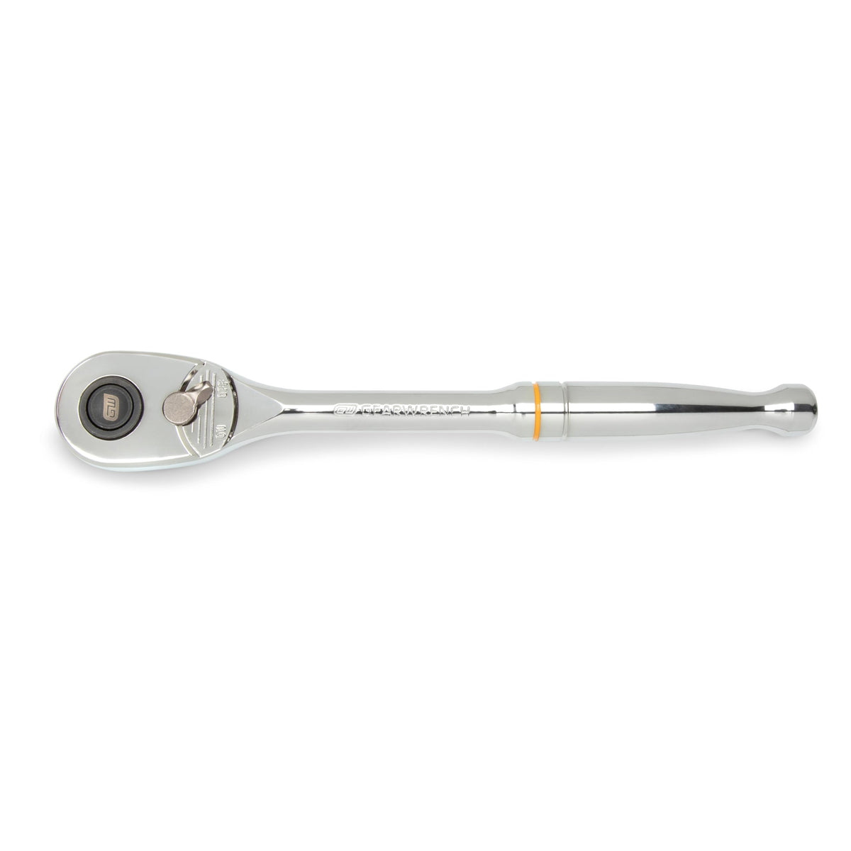 GearWrench 1/2 drive 90-tooth teardrop ratchet with compact head for tight spaces.