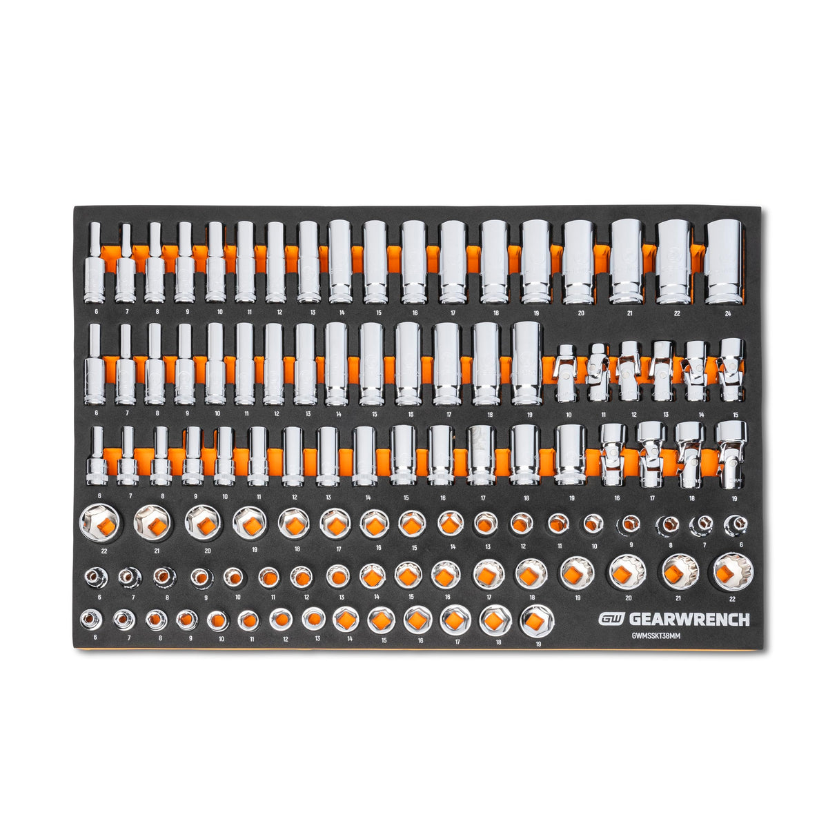 GearWrench 104-piece 3/8 drive master metric socket set in foam tray for organized storage.