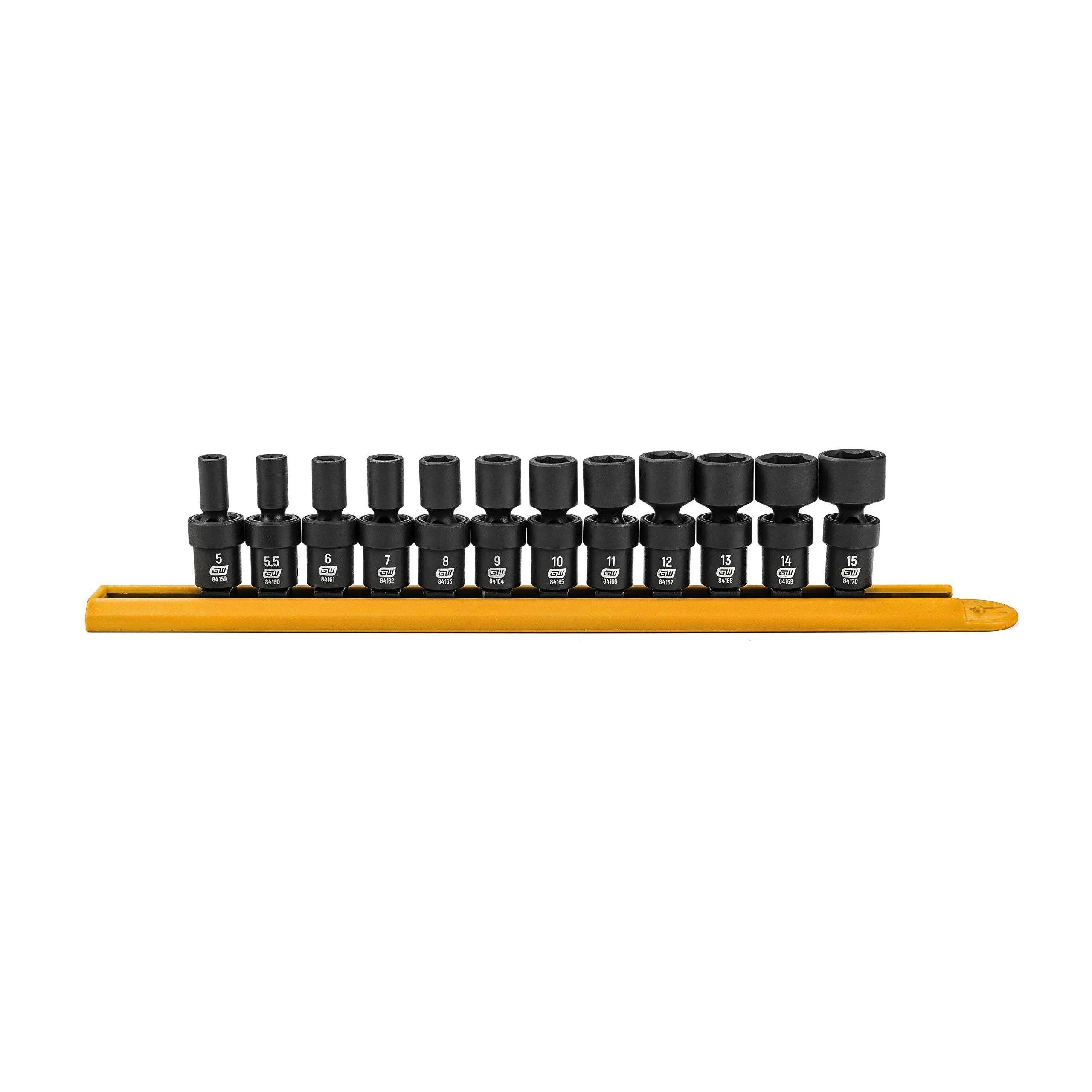 GEARWRENCH 12-piece socket set in case with clear laser markings for fast size identification.