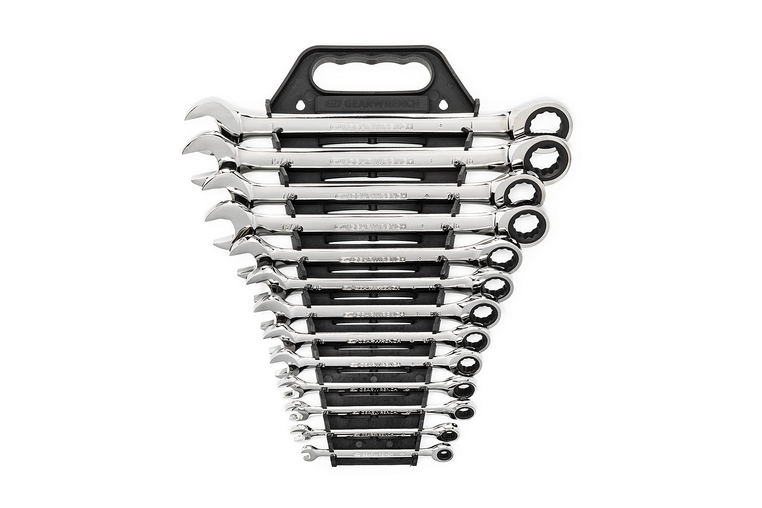 GearWrench 13-piece ratcheting wrench set, front view, versatile for fasteners in tight spaces