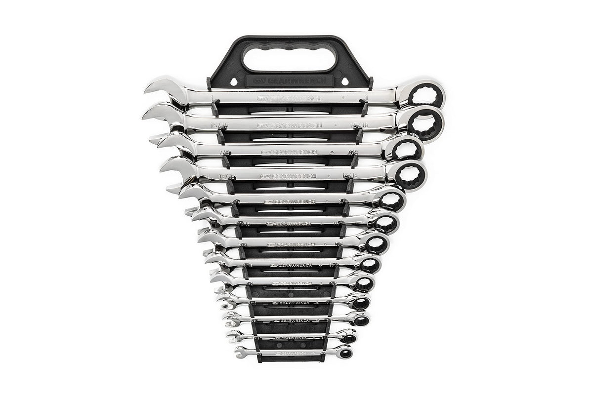 GearWrench 13-piece ratcheting wrench set, front view, versatile for fasteners in tight spaces