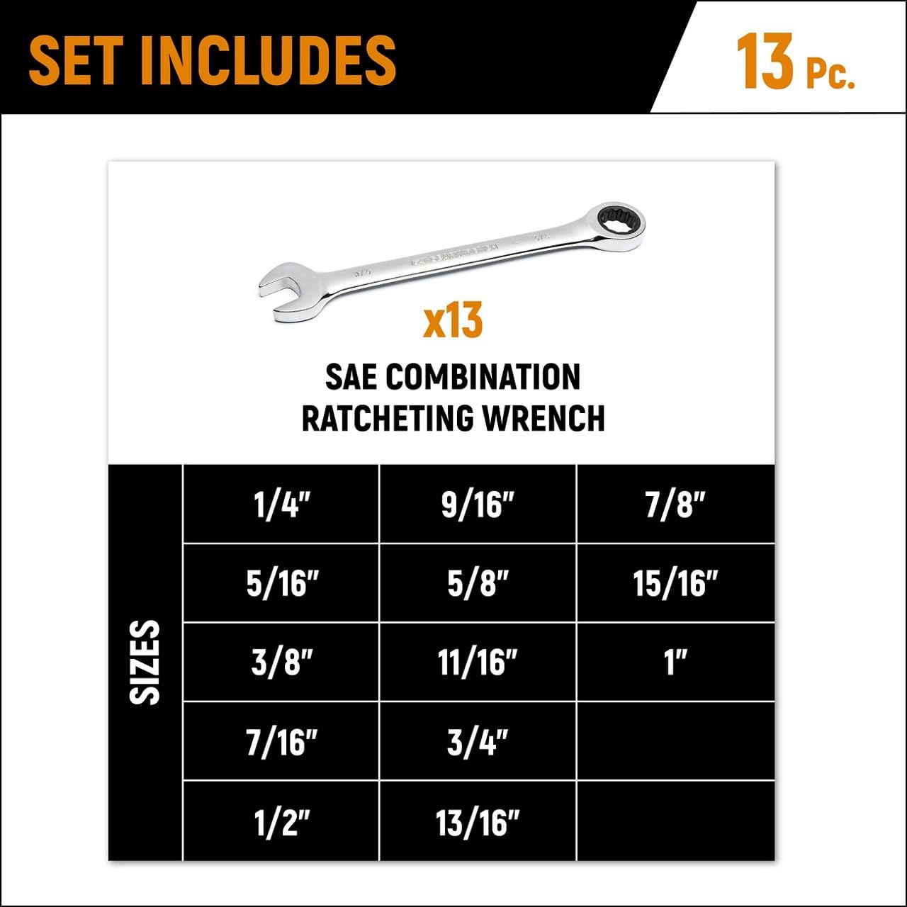 GearWrench 13-piece ratcheting wrench set, SAE 9312, ratcheting box-end close-up for fast, precise turns