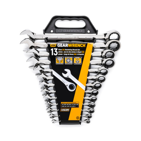 GearWrench 13-piece ratcheting wrench set, storage rack keeps tools organized