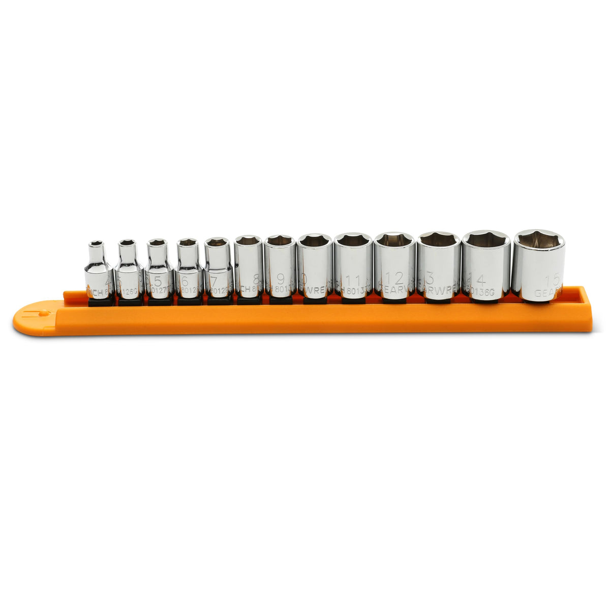 GearWrench 13-piece socket set on clip rail for quick access.