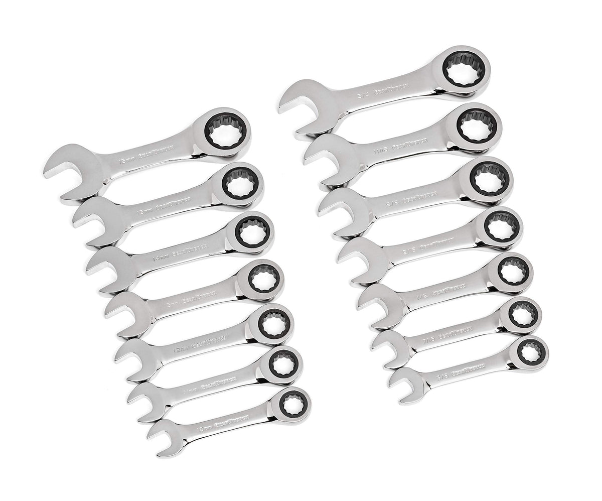 GearWrench 14 pc 12-point stubby set demonstrates compact access in tight spaces for quick adjustments.